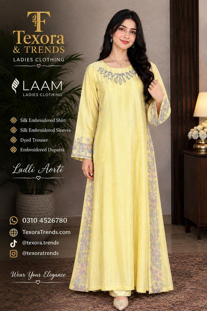 Laam Ruby Arts Yellow Silk Embroidered Unstitched Suit