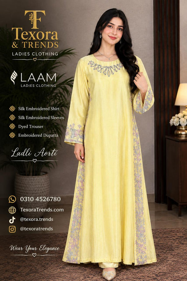 Laam Ruby Arts Yellow Silk Embroidered Unstitched Suit