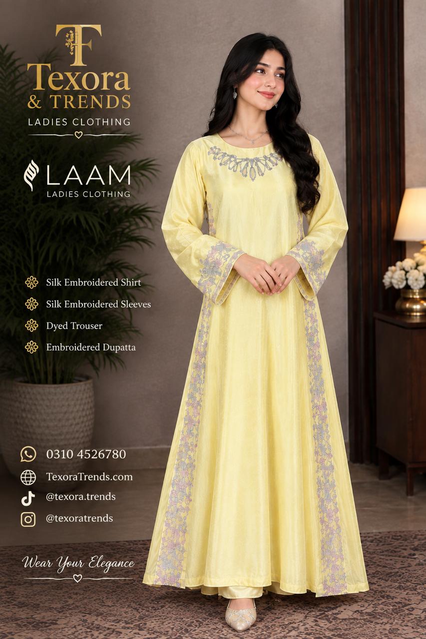 Laam Ruby Arts Yellow Silk Embroidered Unstitched Suit