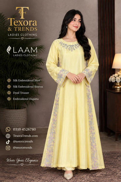 Laam Ruby Arts Yellow Silk Embroidered Unstitched Suit
