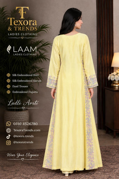 Laam Ruby Arts Yellow Silk Embroidered Unstitched Suit