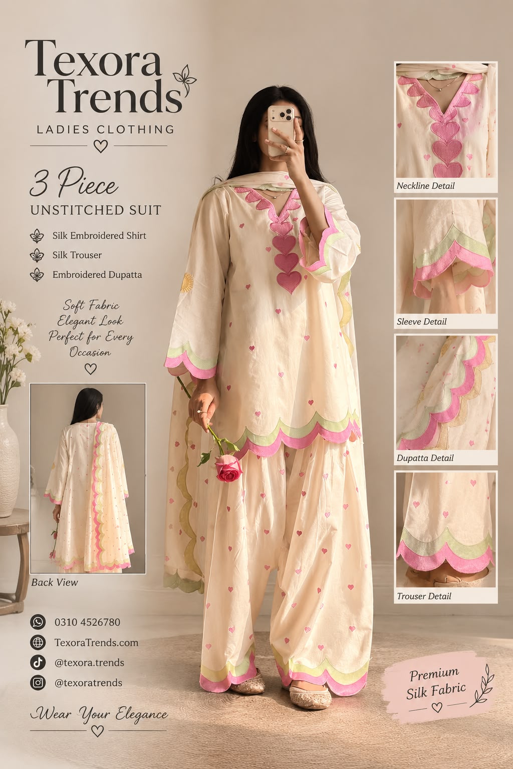 Laam Designer Heart-Motif Silk 3-Piece Unstitched Suit ( Allow to Open)