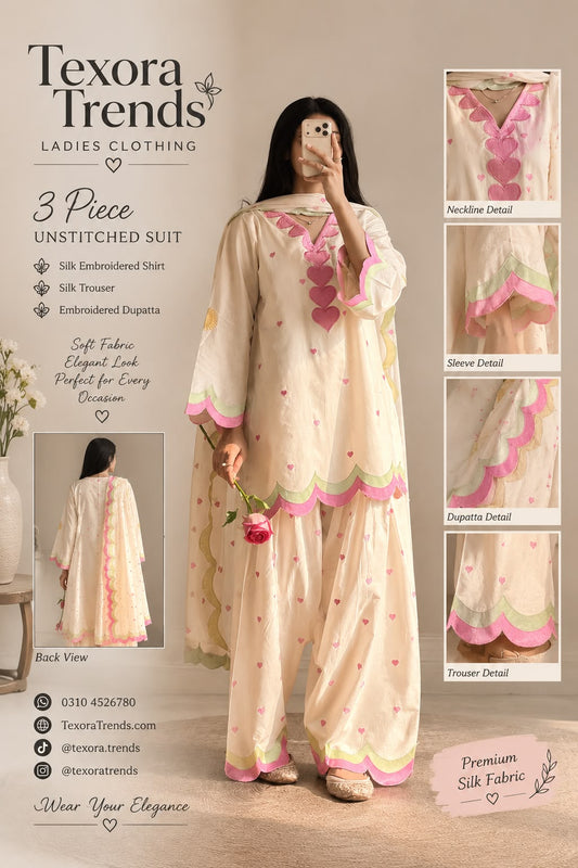Laam Designer Heart-Motif Silk 3-Piece Unstitched Suit ( Allow to Open)