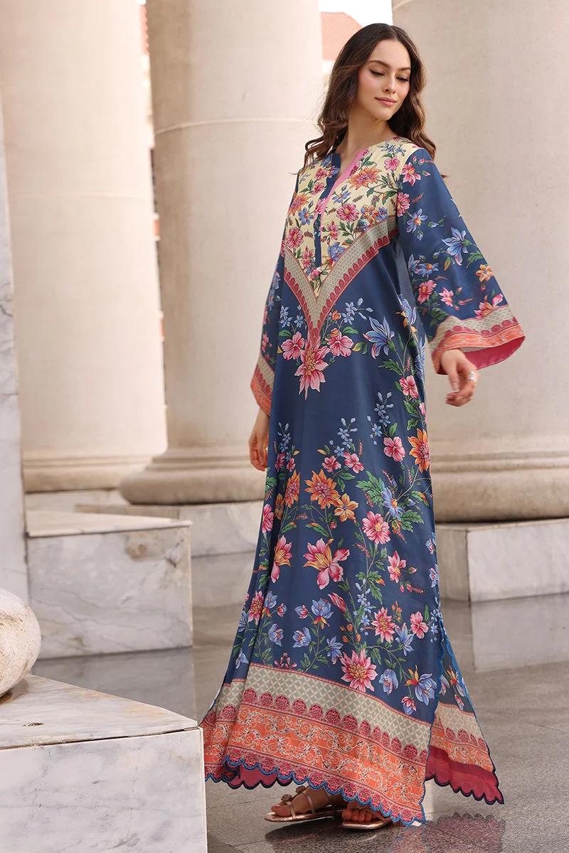 2Pcs Laam Blue Apple Silk Kaftan Printed Suit