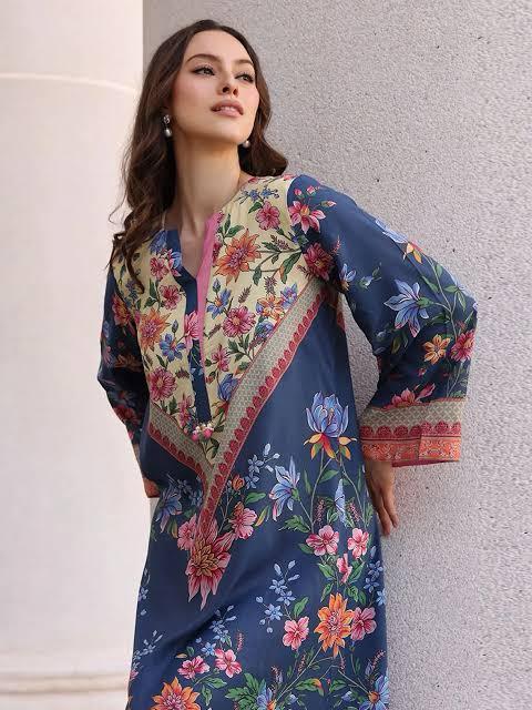 2Pcs Laam Blue Apple Silk Kaftan Printed Suit