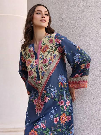 2Pcs Laam Blue Apple Silk Kaftan Printed Suit