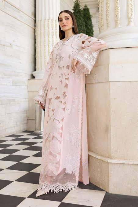 Maria.B Peach Laser Work Embroidered Unstitched 3pc Lawn  Suit | Design 345