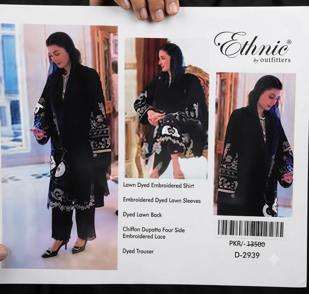 Maryam Nawaz Black Embroidered Lawn 3-Piece Unstitched Suit | D-2939