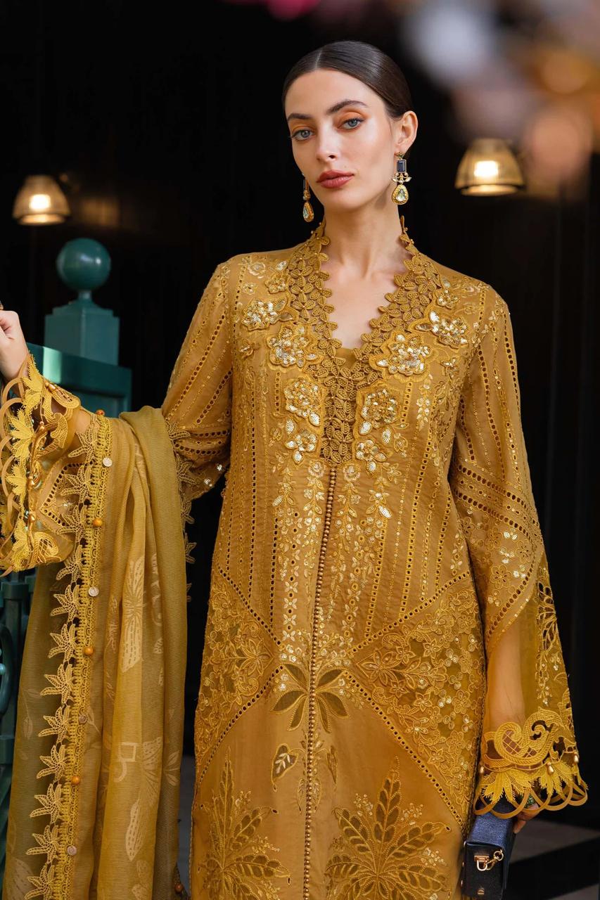 Maria.B Mustard Full Embroidered 3pc  Unstitched Lawn Suit | D-6054