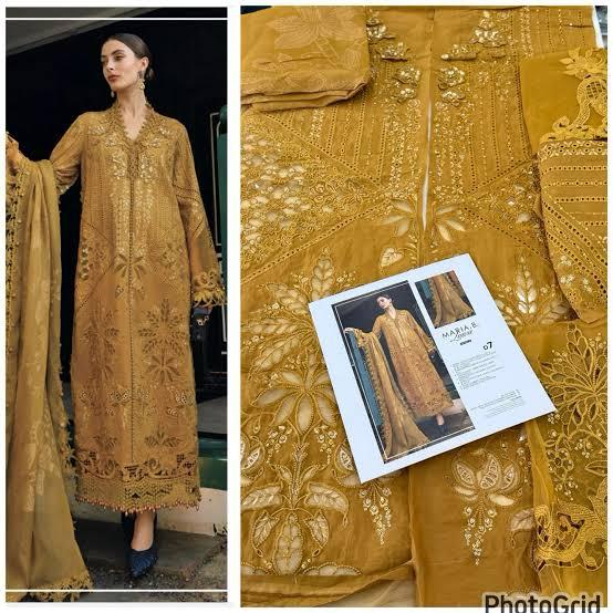 Maria.B Mustard Full Embroidered 3pc  Unstitched Lawn Suit | D-6054