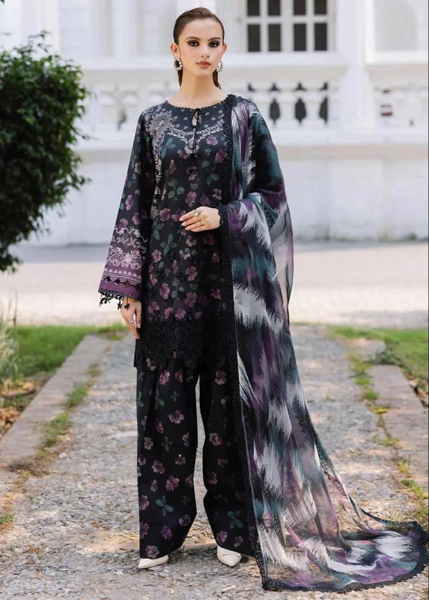 Nureh Black & Purple Floral Printed with  Embroidered Unstitched 3-Piece Lawn Suit