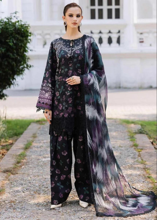 Nureh Black & Purple Floral Printed with  Embroidered Unstitched 3-Piece Lawn Suit