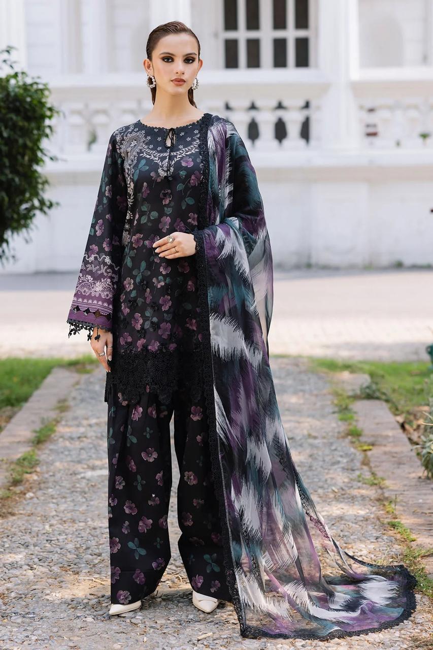 Nureh Black & Purple Floral Printed with  Embroidered Unstitched 3-Piece Lawn Suit
