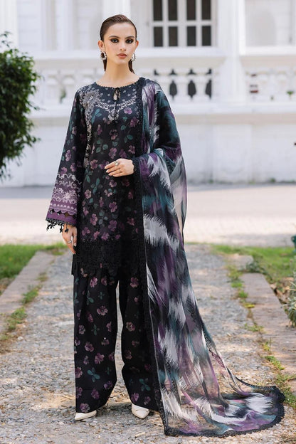 Nureh Black & Purple Floral Printed with  Embroidered Unstitched 3-Piece Lawn Suit