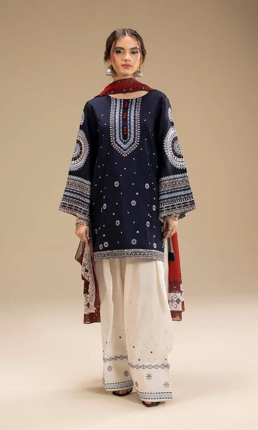Jazmin Navy Blue Dhanak Embroidered Unstitched Suit with Printed Shawl