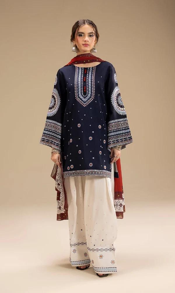 Jazmin Navy Blue Dhanak Embroidered Unstitched Suit with Printed Shawl