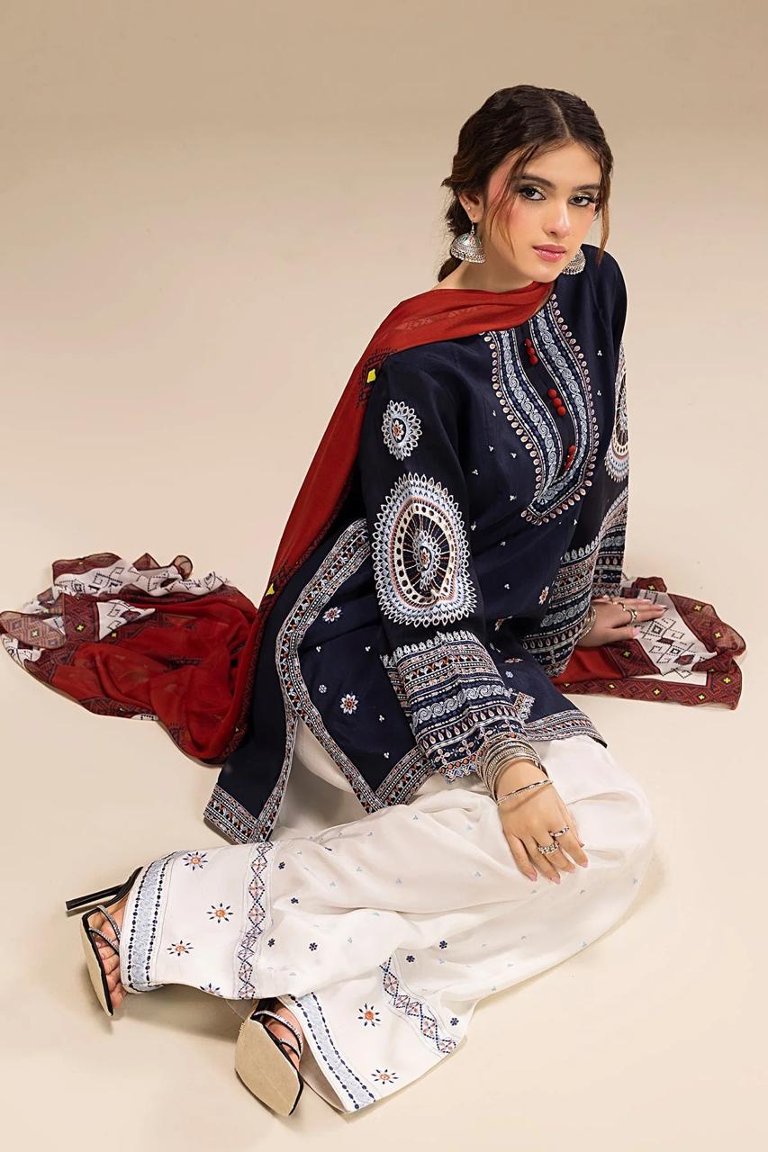 Jazmin Navy Blue Dhanak Embroidered Unstitched Suit with Printed Shawl