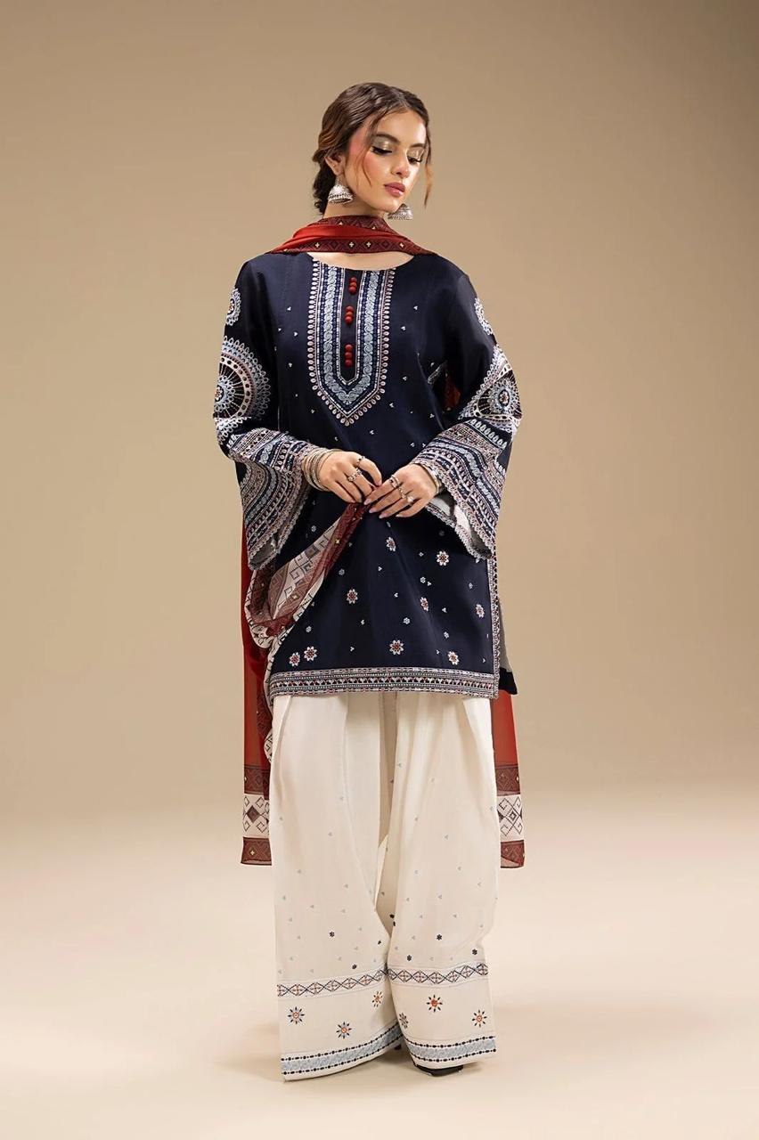 Jazmin Navy Blue Dhanak Embroidered Unstitched Suit with Printed Shawl