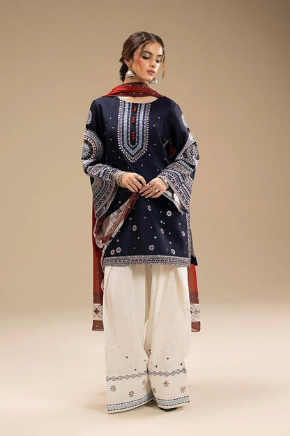 Jazmin Navy Blue Dhanak Embroidered Unstitched Suit with Printed Shawl