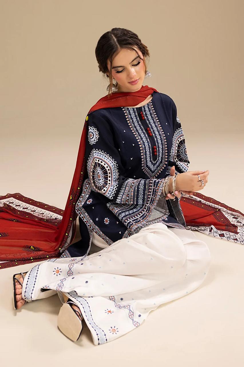 Jazmin Navy Blue Dhanak Embroidered Unstitched Suit with Printed Shawl