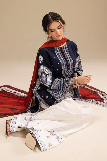 Jazmin Navy Blue Dhanak Embroidered Unstitched Suit with Printed Shawl