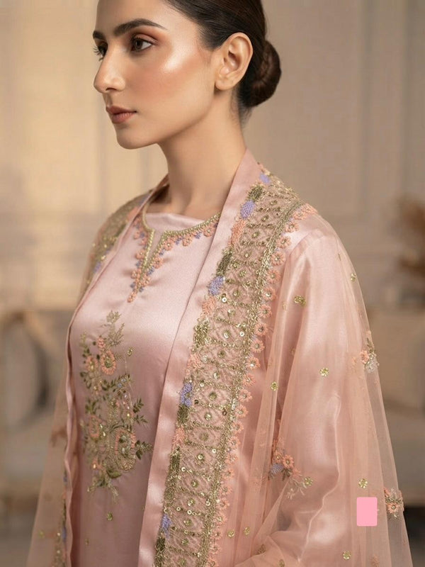 Embellished Light Pink Silk 2-Piece
Unstitched Suit with Neck & Border Patches