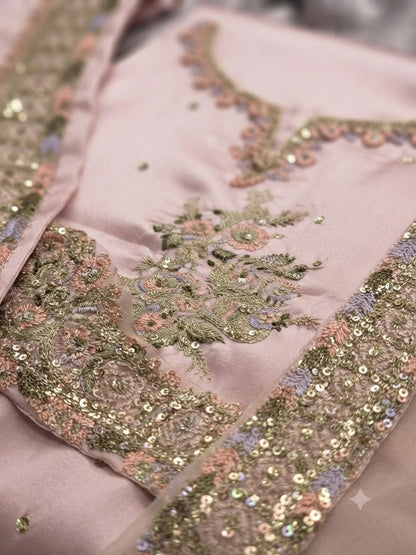 Embellished Light Pink Silk 2-Piece
Unstitched Suit with Neck & Border Patches
