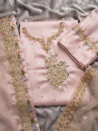 Embellished Light Pink Silk 2-Piece
Unstitched Suit with Neck & Border Patches