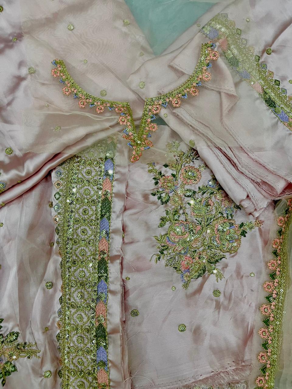 Embellished Light Pink Silk 2-Piece
Unstitched Suit with Neck & Border Patches