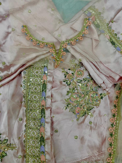 Embellished Light Pink Silk 2-Piece
Unstitched Suit with Neck & Border Patches