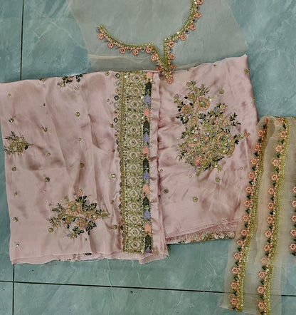 Embellished Light Pink Silk 2-Piece
Unstitched Suit with Neck & Border Patches