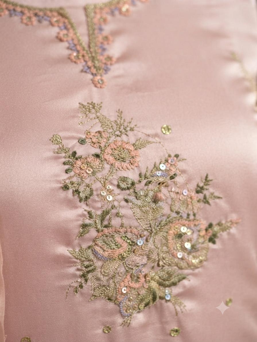 Embellished Light Pink Silk 2-Piece
Unstitched Suit with Neck & Border Patches