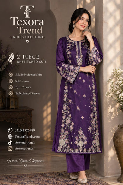 Royal Plum Embroidered Silk 2-Piece Unstitched Suit (Allow to Open)
