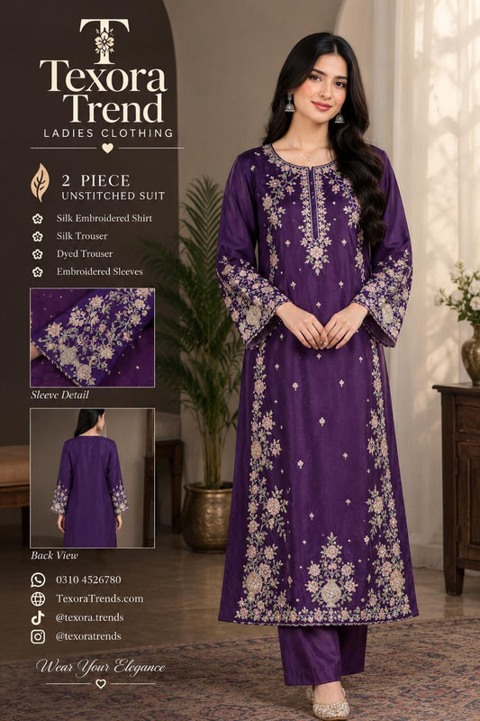 Royal Plum Embroidered Silk 2-Piece Unstitched Suit (Allow to Open)