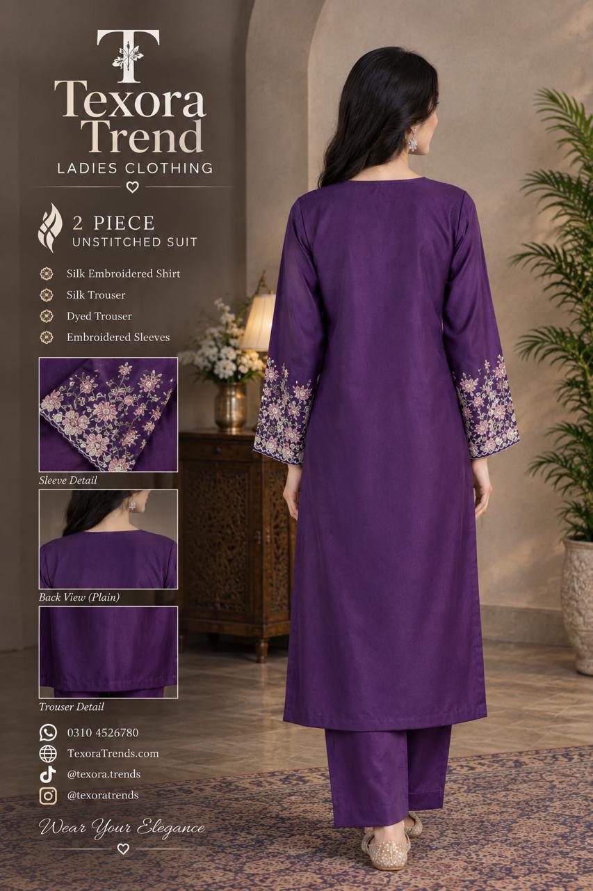 Royal Plum Embroidered Silk 2-Piece Unstitched Suit (Allow to Open)
