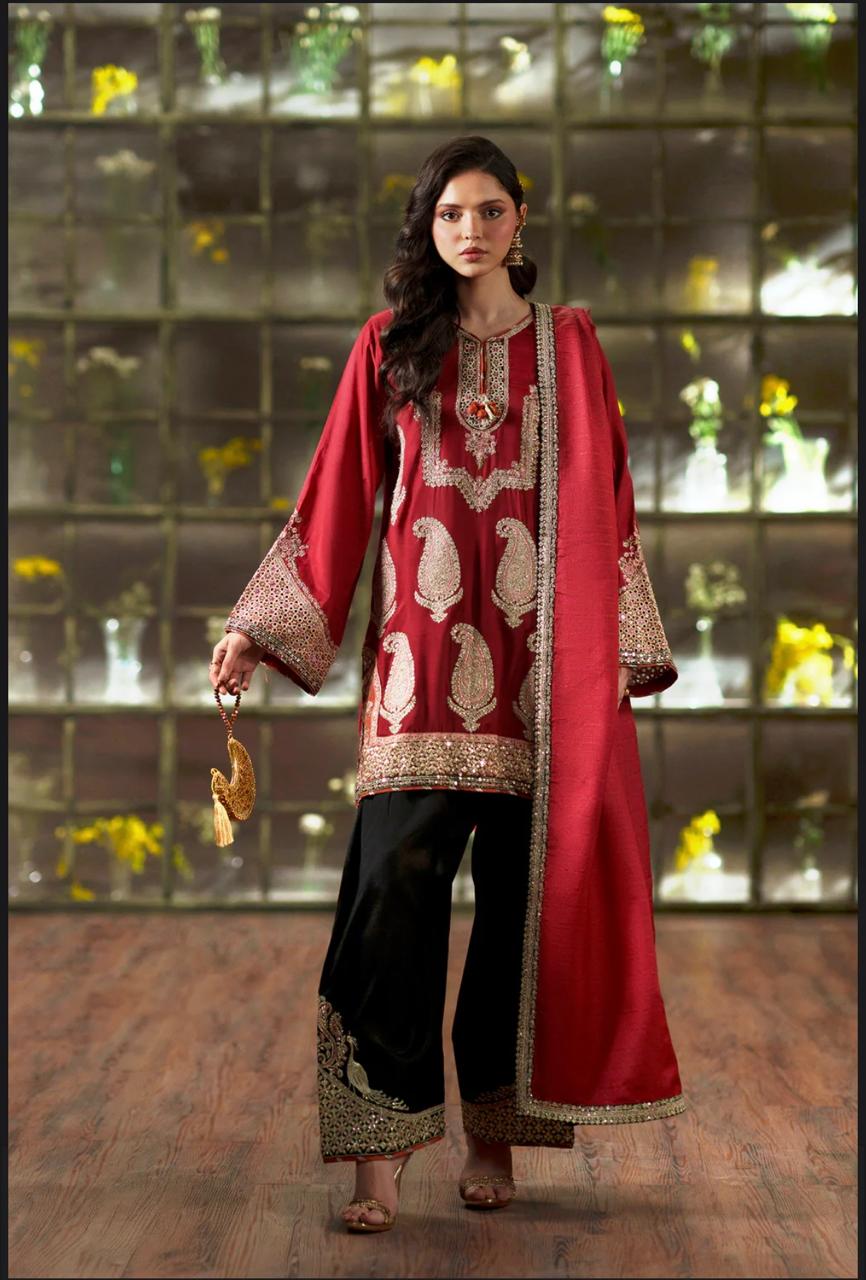 Ethnic Maroon Embroidered Silk 2-Piece Suit