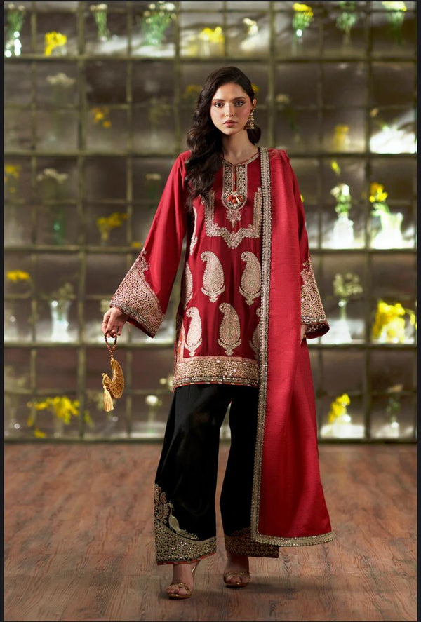Ethnic Maroon Embroidered Silk 2-Piece Suit