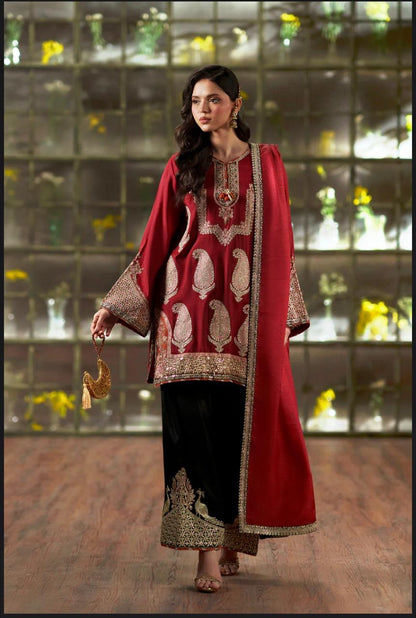 Ethnic Maroon Embroidered Silk 2-Piece Suit
