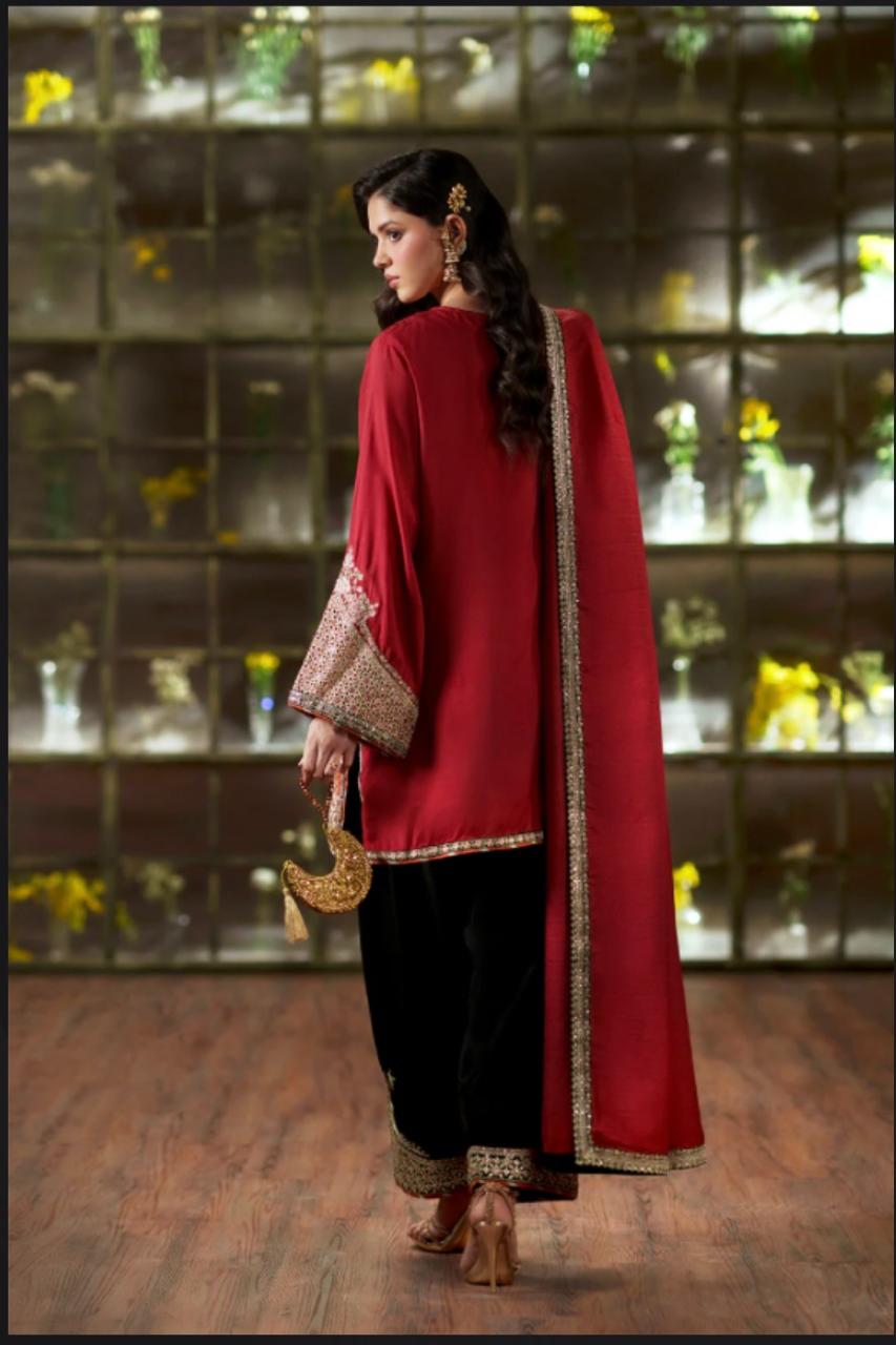 Ethnic Maroon Embroidered Silk 2-Piece Suit