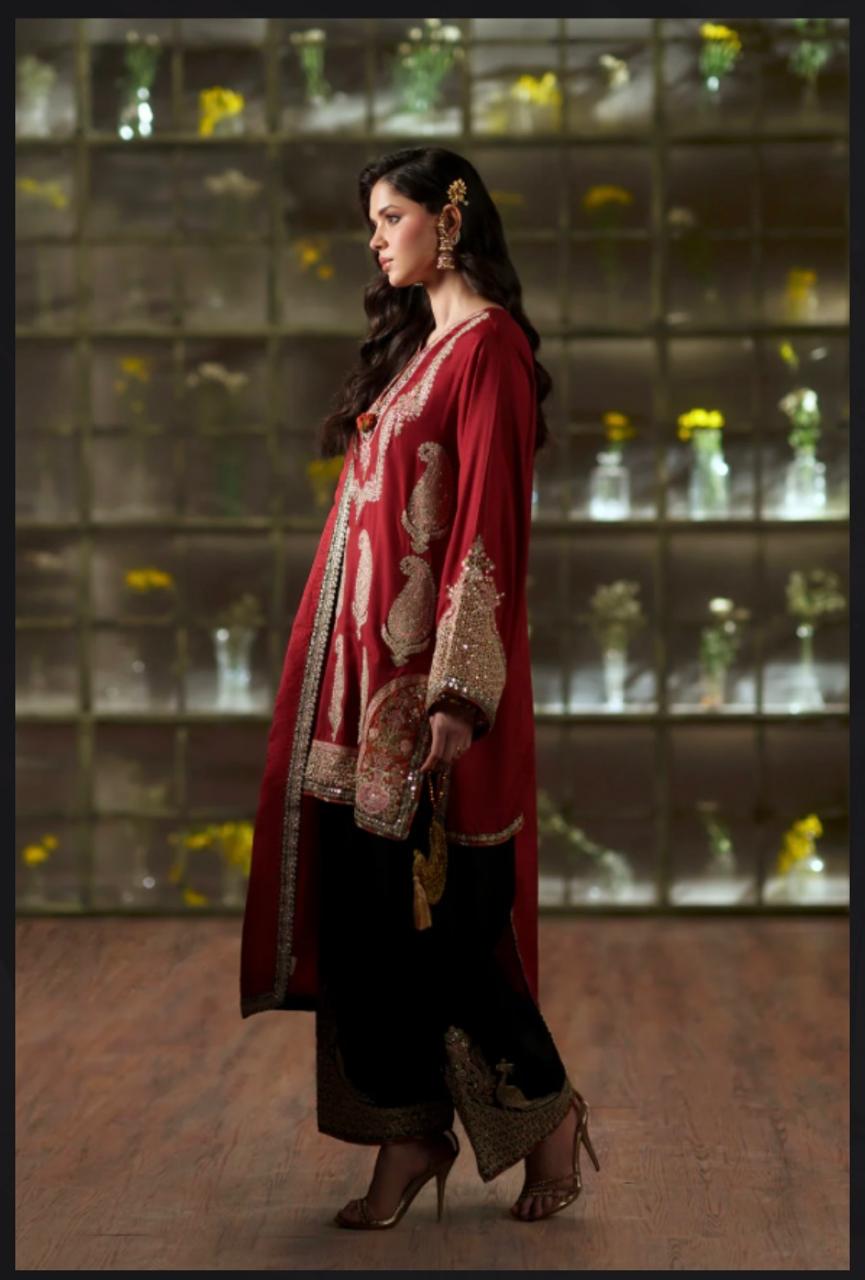 Ethnic Maroon Embroidered Silk 2-Piece Suit