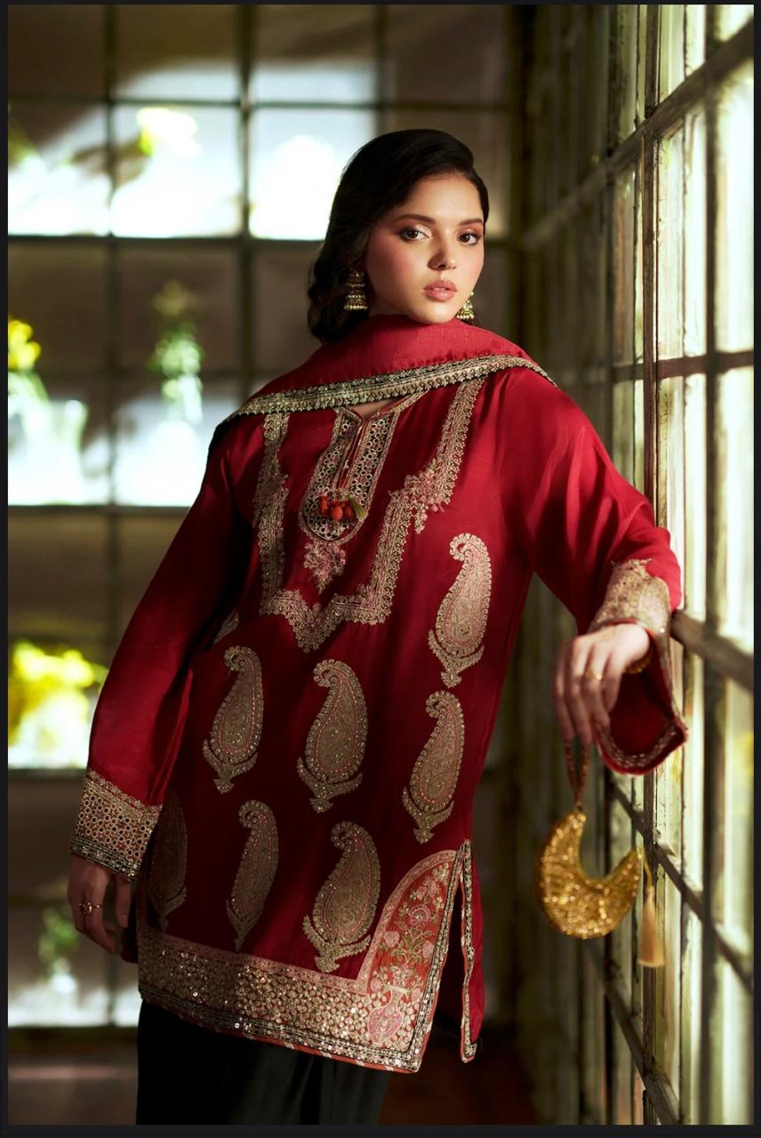Ethnic Maroon Embroidered Silk 2-Piece Suit