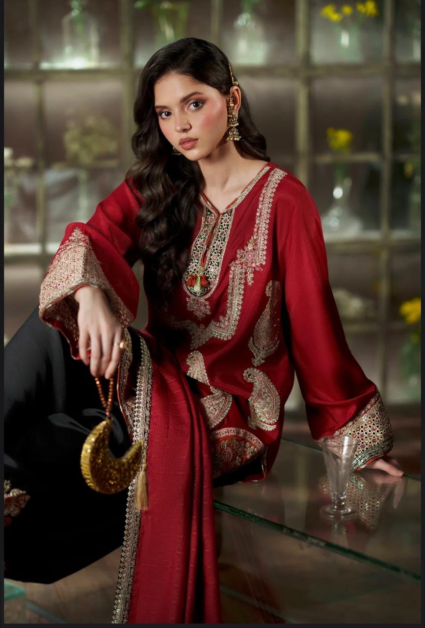 Ethnic Maroon Embroidered Silk 2-Piece Suit