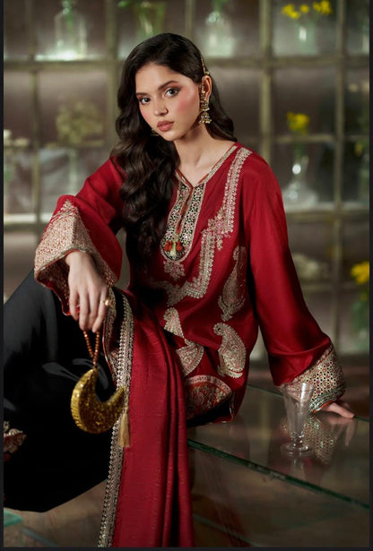 Ethnic Maroon Embroidered Silk 2-Piece Suit