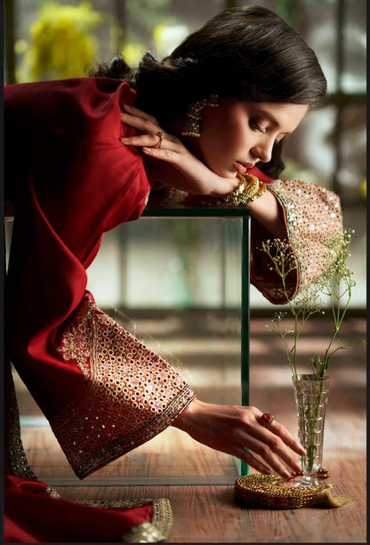 Ethnic Maroon Embroidered Silk 2-Piece Suit