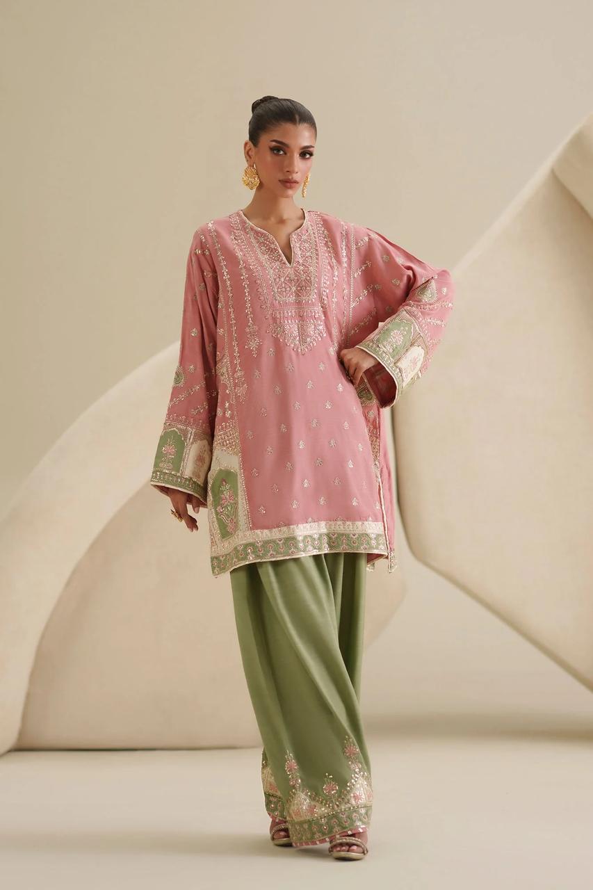 Ethnic by Outfitters Pink & Green Apple Silk Embroidered Unstitched 2-Piece Suit | D-2002