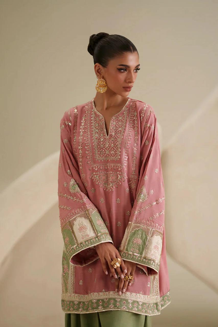 Ethnic by Outfitters Pink & Green Apple Silk Embroidered Unstitched 2-Piece Suit | D-2002