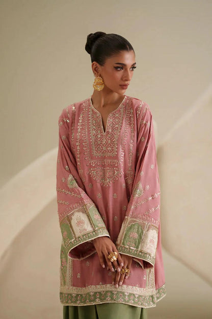 Ethnic by Outfitters Pink & Green Apple Silk Embroidered Unstitched 2-Piece Suit | D-2002