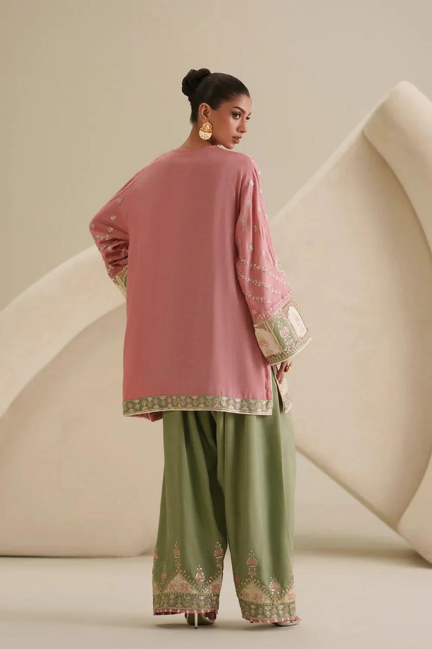 Ethnic by Outfitters Pink & Green Apple Silk Embroidered Unstitched 2-Piece Suit | D-2002