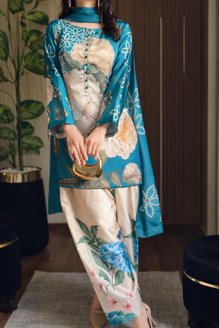 Laam Blue Floral Printed Apple Silk 3pc  Suit