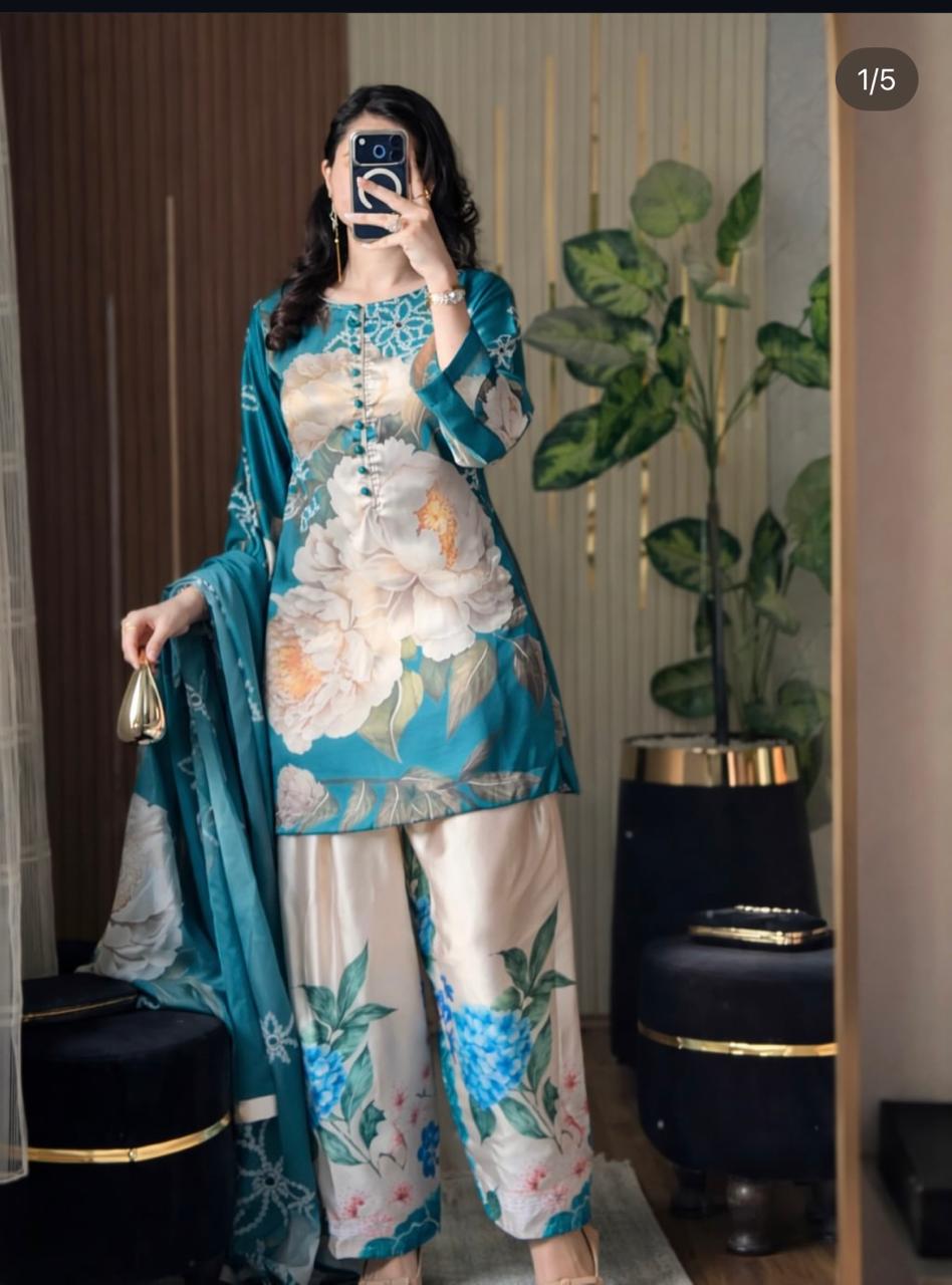 Laam Blue Floral Printed Apple Silk 3pc  Suit